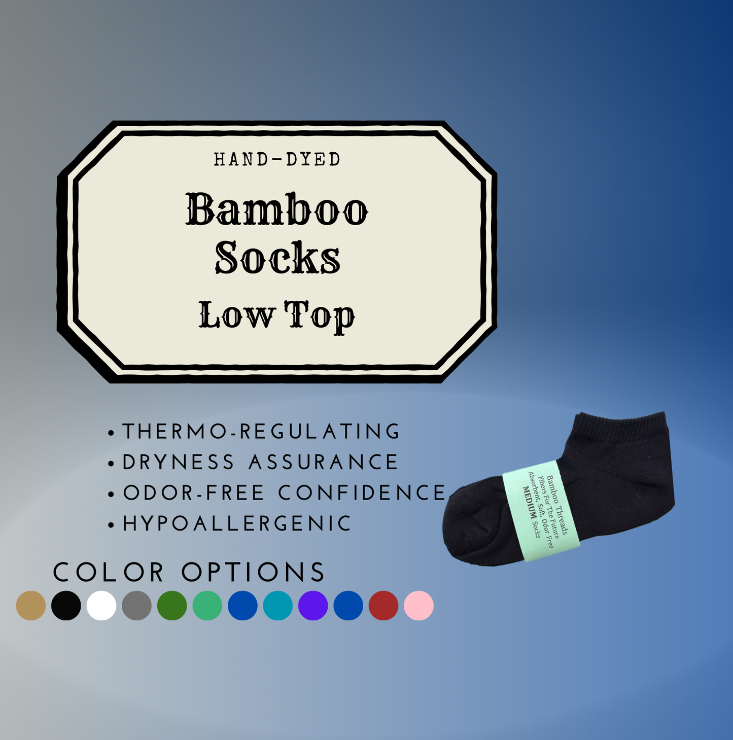 Hand Dyed Bamboo No Show Socks - (Colors)